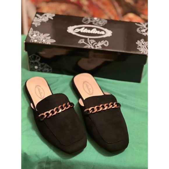 Adalina Shoes - Adalina Black slides chain accent suede MULE 6 Black